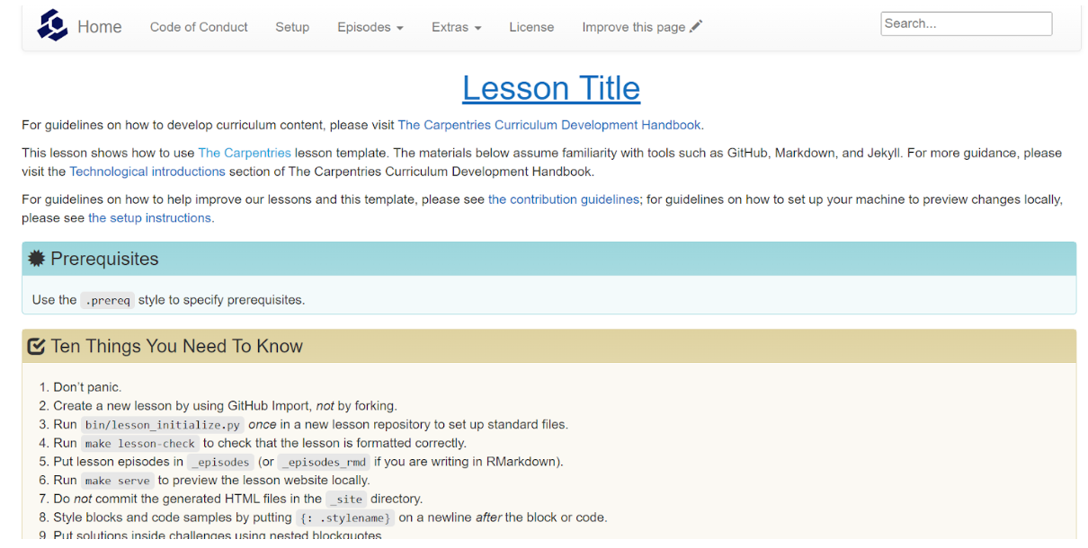 Screenshot of a Carpentries example lesson.