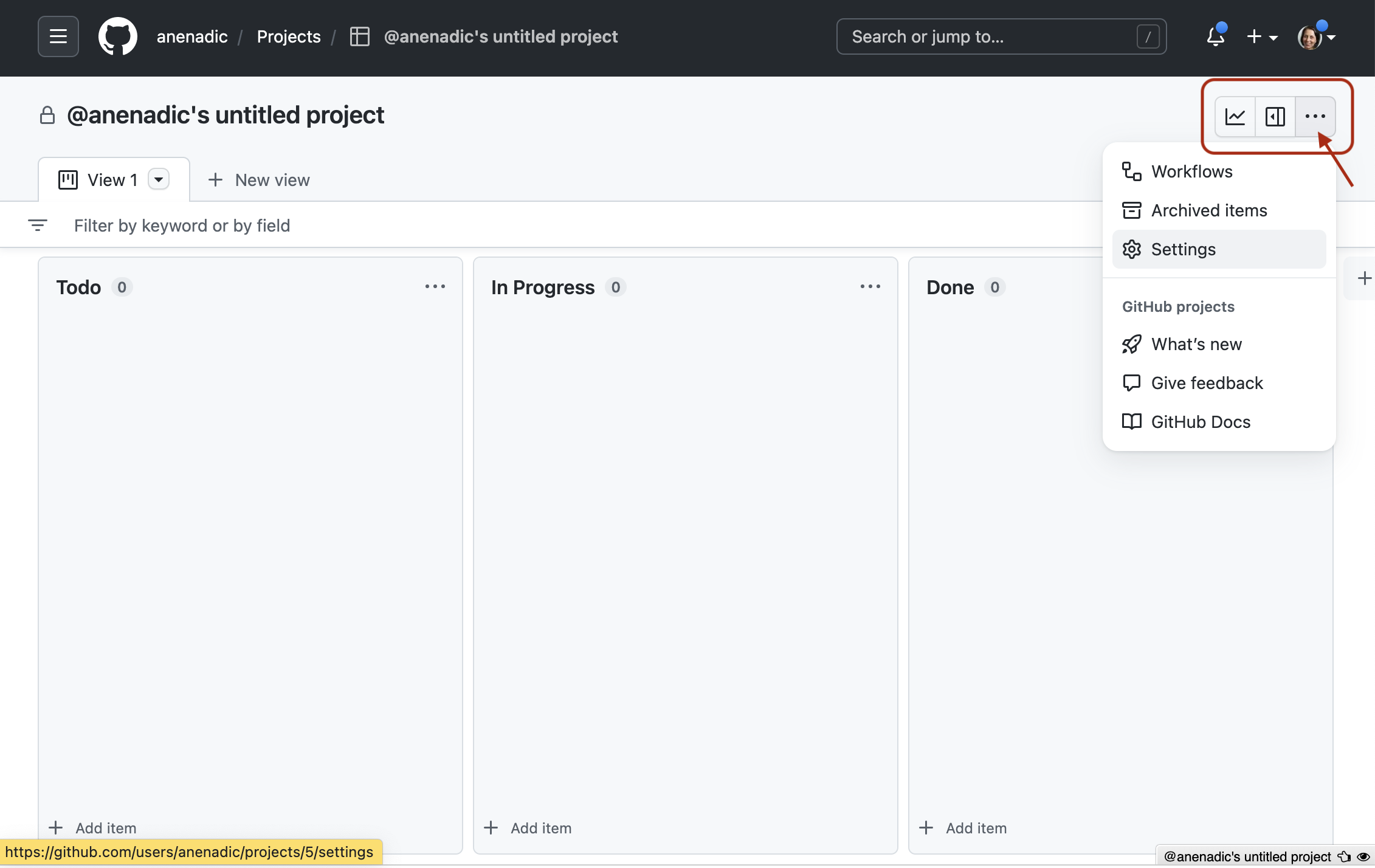 Project board setting in GitHub