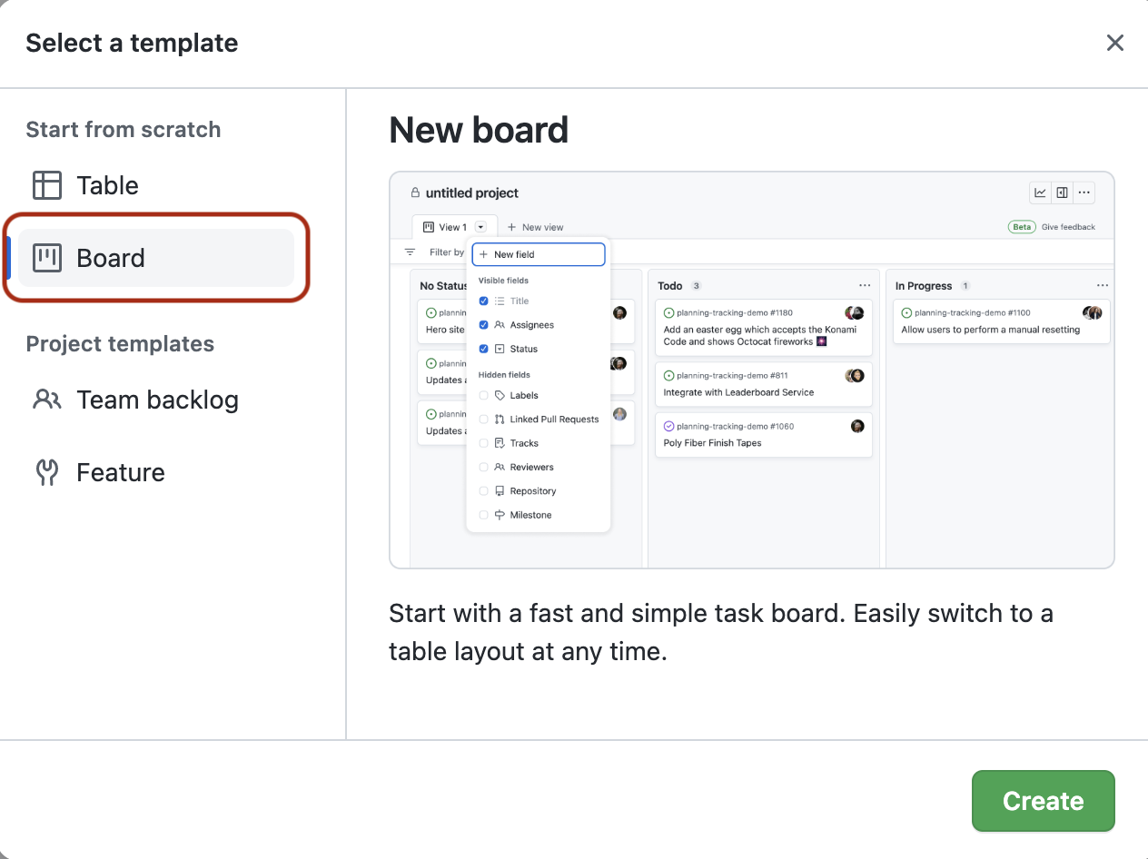 Selecting a project board template in GitHub