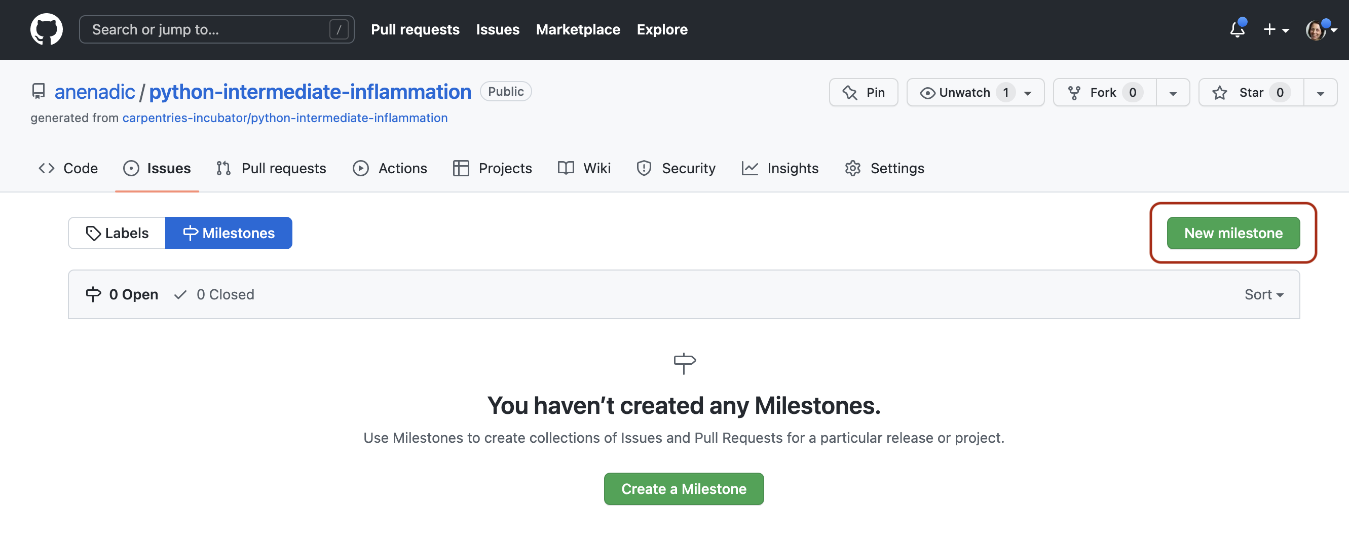Create a milestone in GitHub