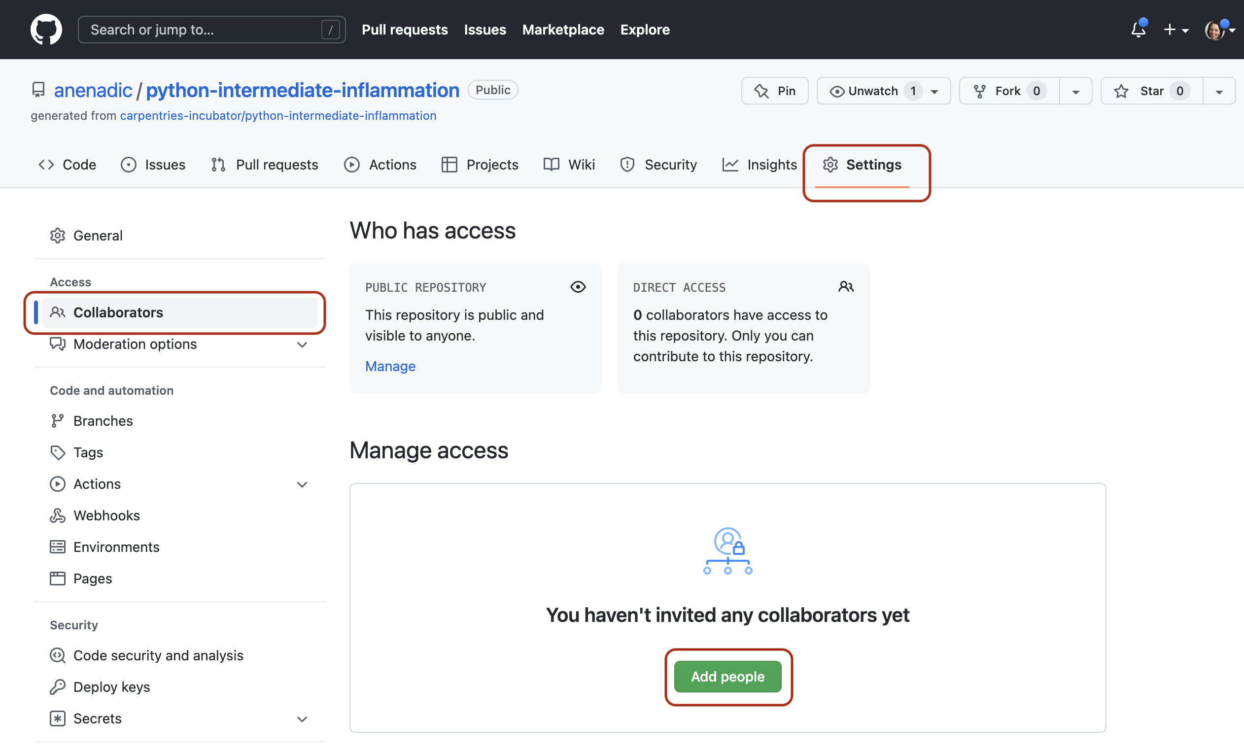 Managing access to a repository in GitHub