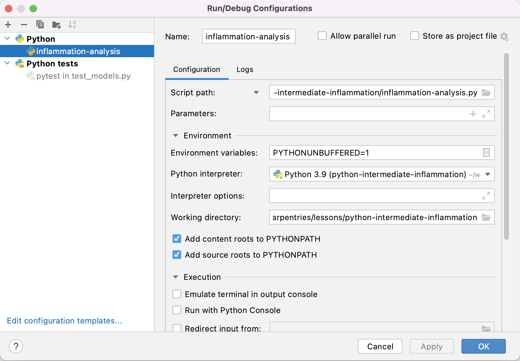 Ensuring testing configurations in PyCharm are correct
