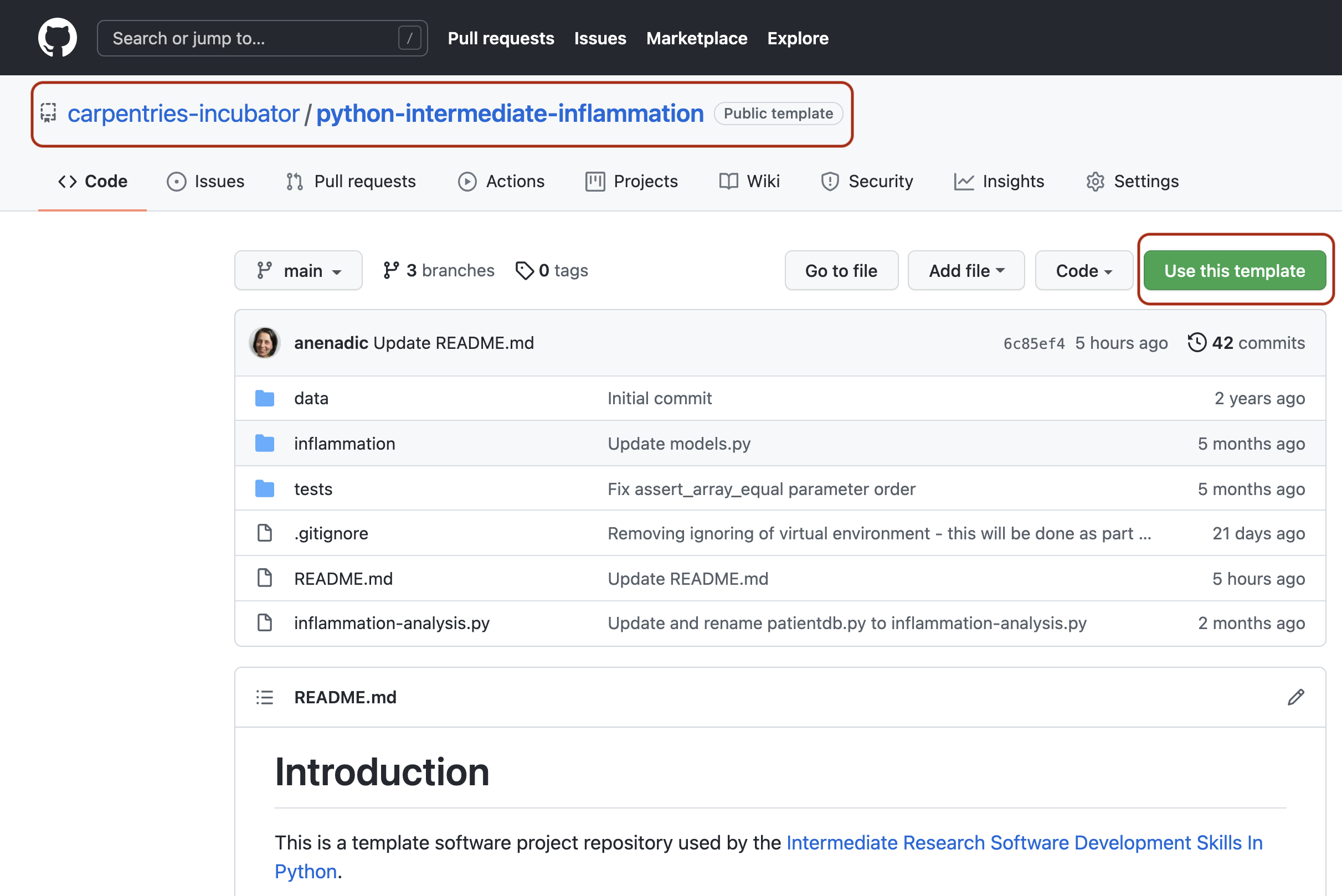 Software project template repository in GitHub