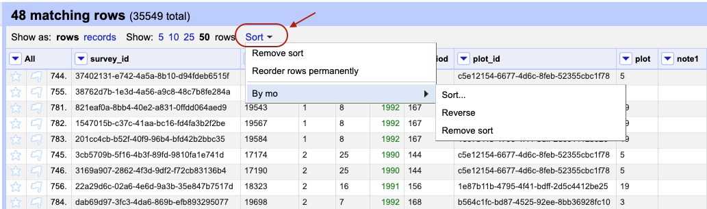 OpenRefine Sorting button