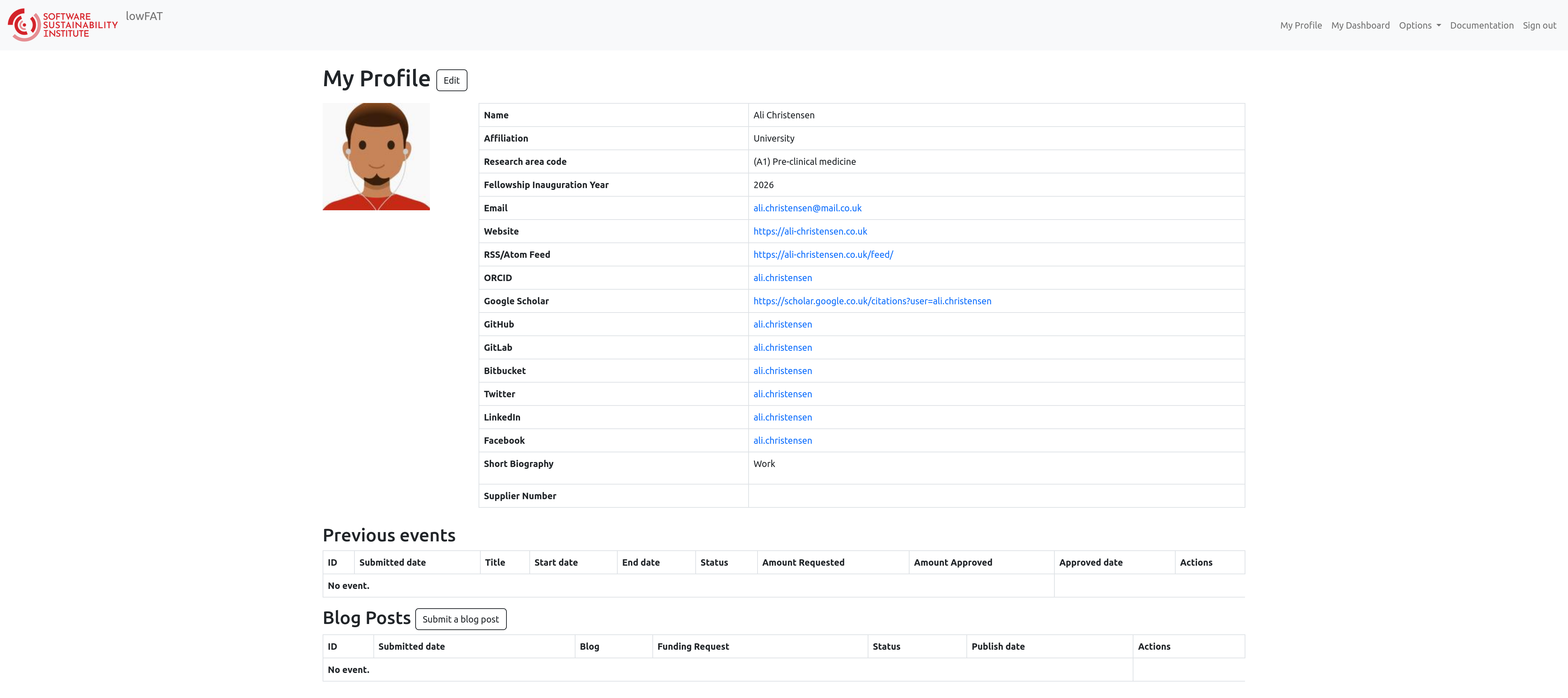Example of a completed claimant profile page