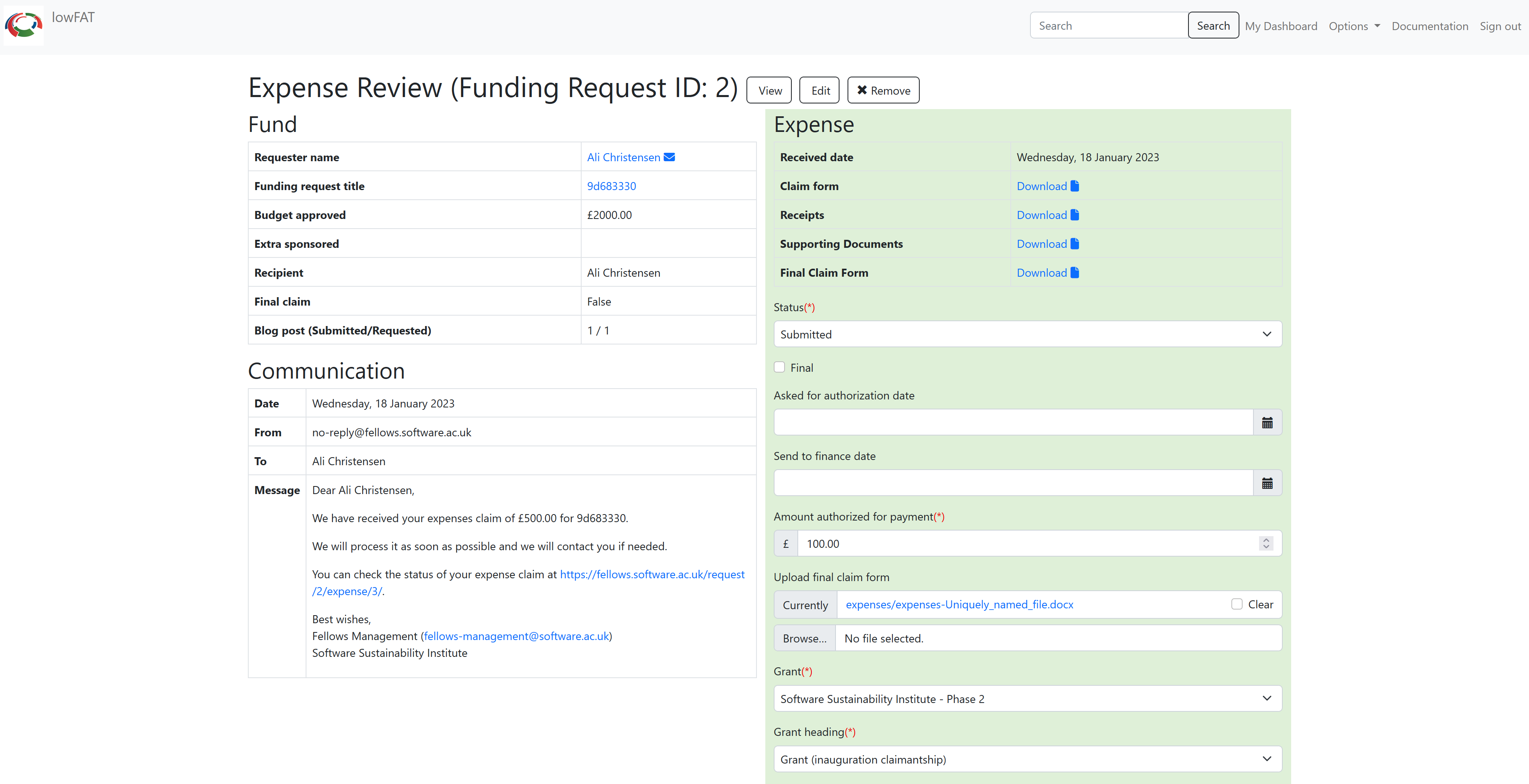 Screenshot of expense review form