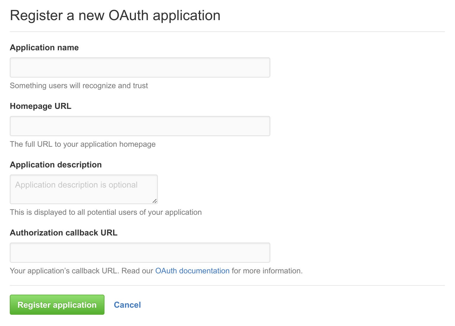 Register a new OAuth application screenshot