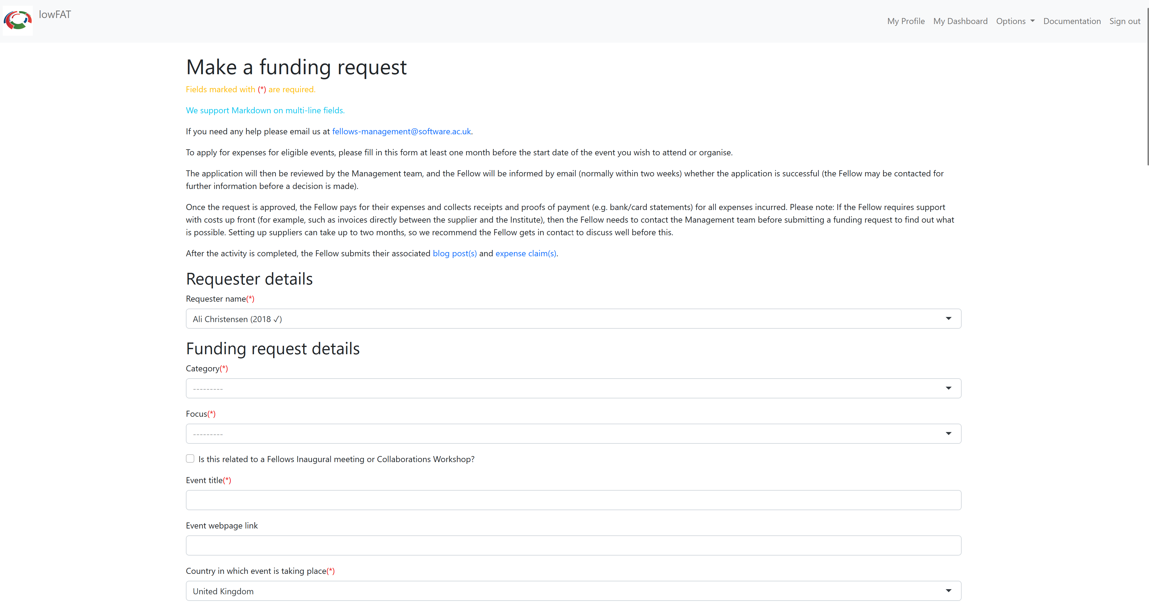 Screenshot of request form