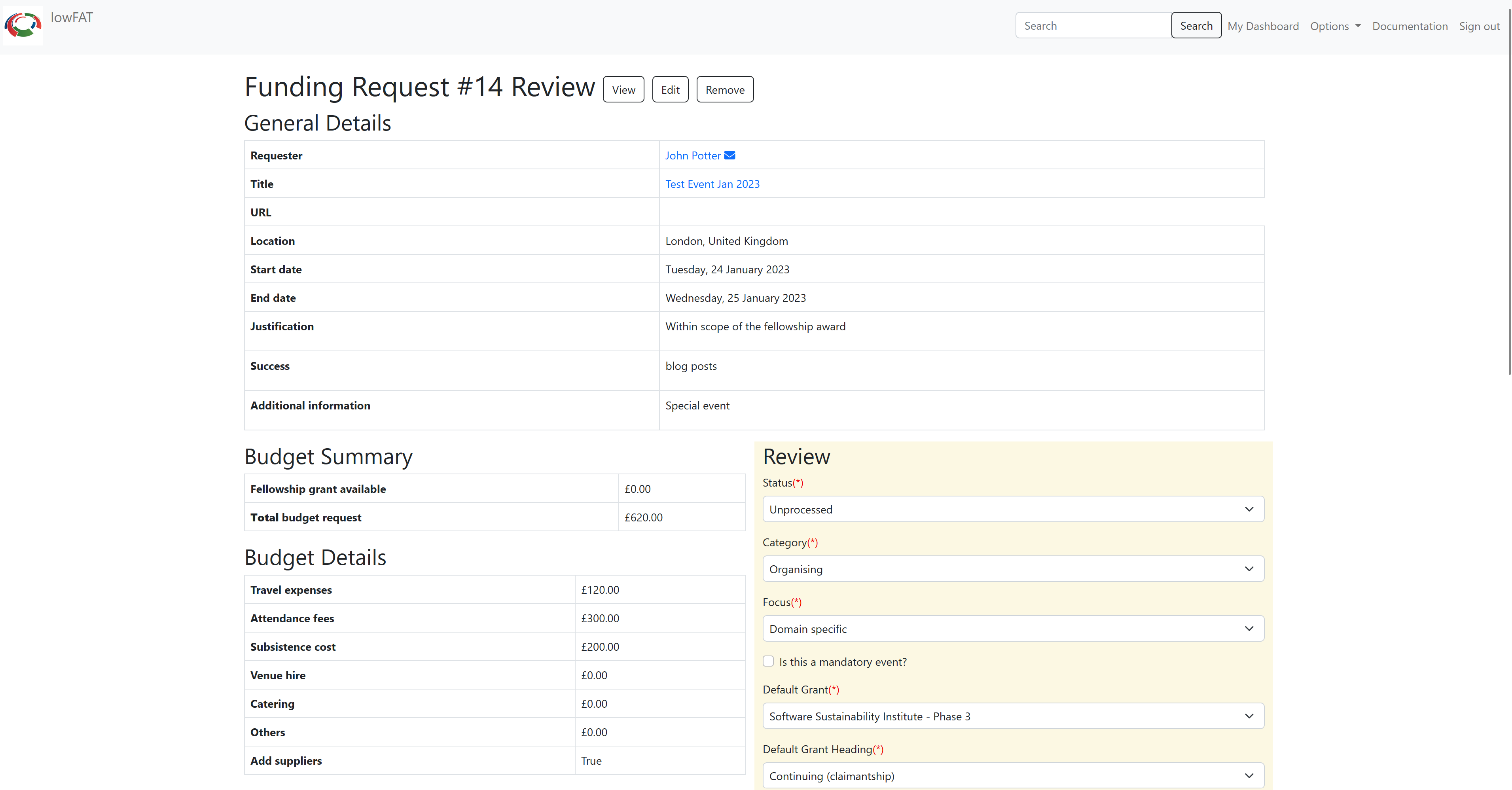 Screenshot of request review form