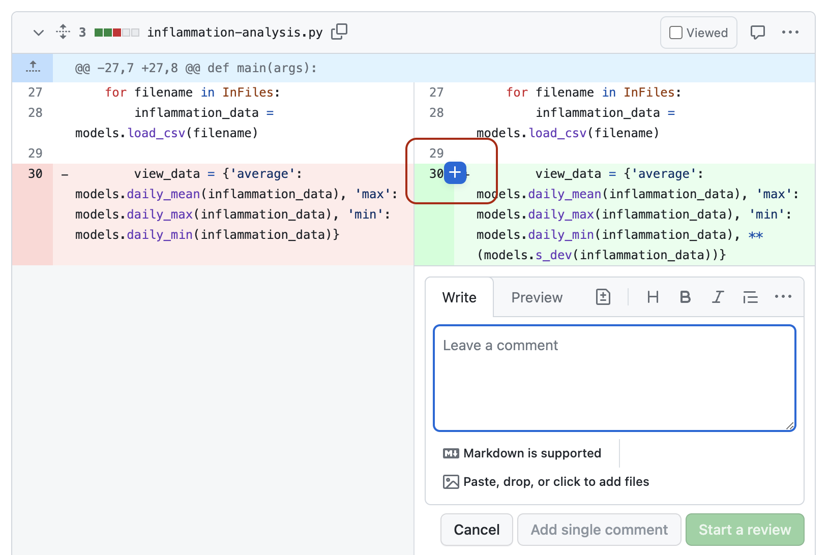 Adding a review comment to a pull request