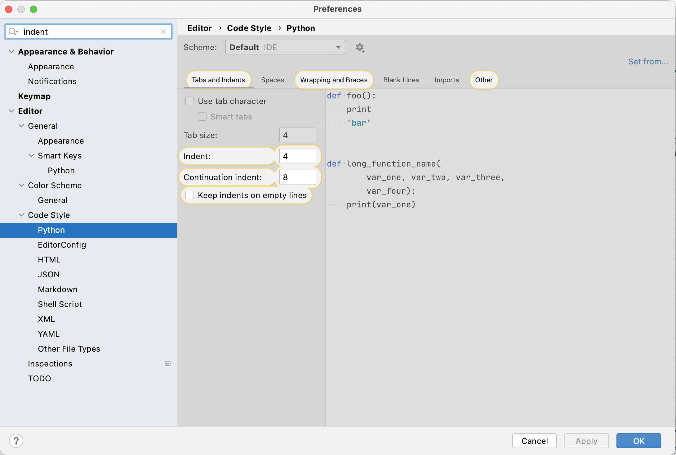 Python code indentation settings in PyCharm